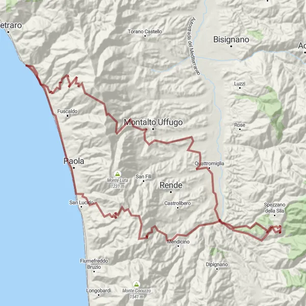Map miniature of "Coastal Gravel Adventure" cycling inspiration in Calabria, Italy. Generated by Tarmacs.app cycling route planner