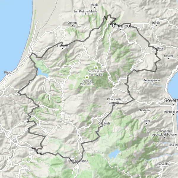 Map miniature of "Chiaravalle Centrale to Cortale Cycle" cycling inspiration in Calabria, Italy. Generated by Tarmacs.app cycling route planner