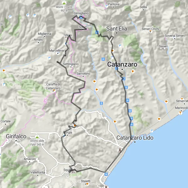 Miniatura della mappa di ispirazione al ciclismo "Tour in Bici da Squillace con Sosta a Tiriolo e Catanzaro" nella regione di Calabria, Italy. Generata da Tarmacs.app, pianificatore di rotte ciclistiche