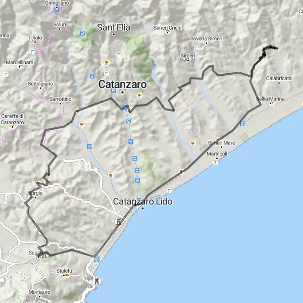 Miniatura della mappa di ispirazione al ciclismo "Giro in Bici da Squillace con Vista Panoramica" nella regione di Calabria, Italy. Generata da Tarmacs.app, pianificatore di rotte ciclistiche