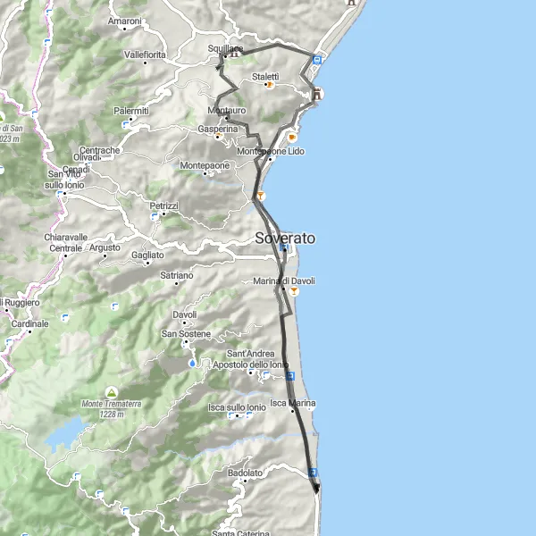 Map miniature of "Contrada Taverna to Soverato Cycle" cycling inspiration in Calabria, Italy. Generated by Tarmacs.app cycling route planner