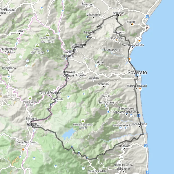 Miniatura della mappa di ispirazione al ciclismo "Tour in bici tra Montauro e Chiaravalle Centrale" nella regione di Calabria, Italy. Generata da Tarmacs.app, pianificatore di rotte ciclistiche