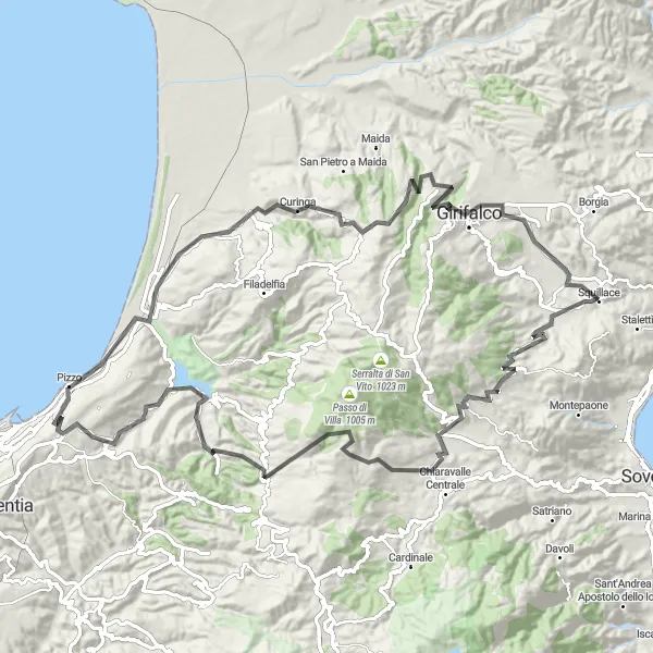 Map miniature of "Coastal Beauty Ride" cycling inspiration in Calabria, Italy. Generated by Tarmacs.app cycling route planner