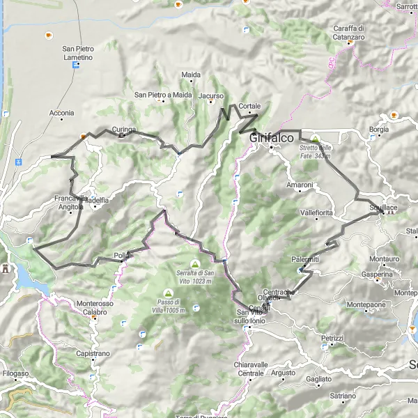 Miniatura della mappa di ispirazione al ciclismo "Avventura in Bici tra Cortale e Monte Contessa" nella regione di Calabria, Italy. Generata da Tarmacs.app, pianificatore di rotte ciclistiche