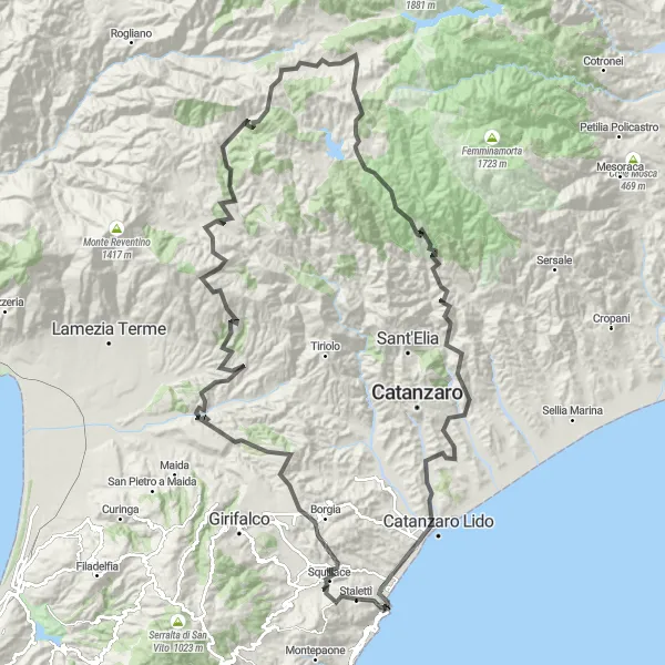 Map miniature of "The Ultimate Challenge: Conquering the Mountains of Stalettì" cycling inspiration in Calabria, Italy. Generated by Tarmacs.app cycling route planner