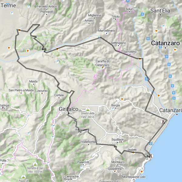 Miniatura della mappa di ispirazione al ciclismo "Giro in bicicletta da Squillace a Caminia" nella regione di Calabria, Italy. Generata da Tarmacs.app, pianificatore di rotte ciclistiche
