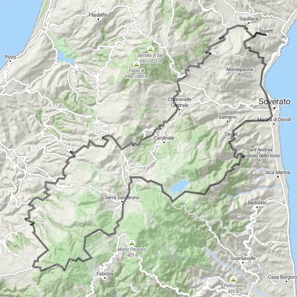 Miniatura della mappa di ispirazione al ciclismo "Tour avventuroso da Stalettì a Squillace" nella regione di Calabria, Italy. Generata da Tarmacs.app, pianificatore di rotte ciclistiche