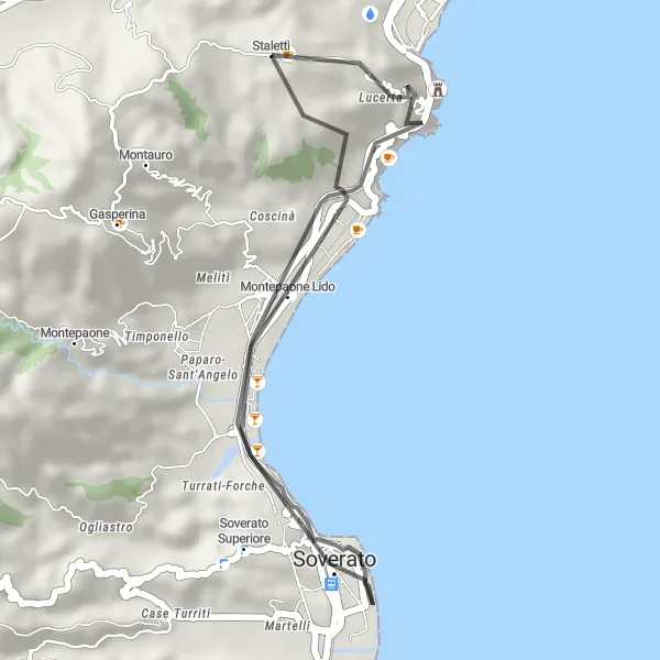 Map miniature of "Stalettì - Copanello" cycling inspiration in Calabria, Italy. Generated by Tarmacs.app cycling route planner