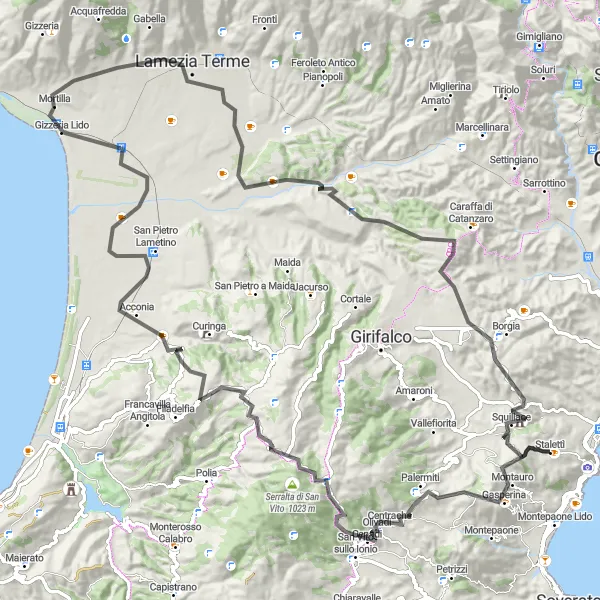 Miniatura della mappa di ispirazione al ciclismo "Avventura in bicicletta da Stalettì a Squillace" nella regione di Calabria, Italy. Generata da Tarmacs.app, pianificatore di rotte ciclistiche