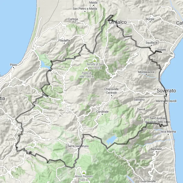 Map miniature of "Soverato - Squillace" cycling inspiration in Calabria, Italy. Generated by Tarmacs.app cycling route planner