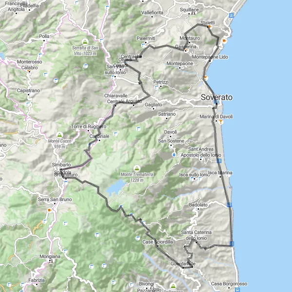 Miniatura della mappa di ispirazione al ciclismo "Giro panoramico da Soverato a Monte Tramazza" nella regione di Calabria, Italy. Generata da Tarmacs.app, pianificatore di rotte ciclistiche