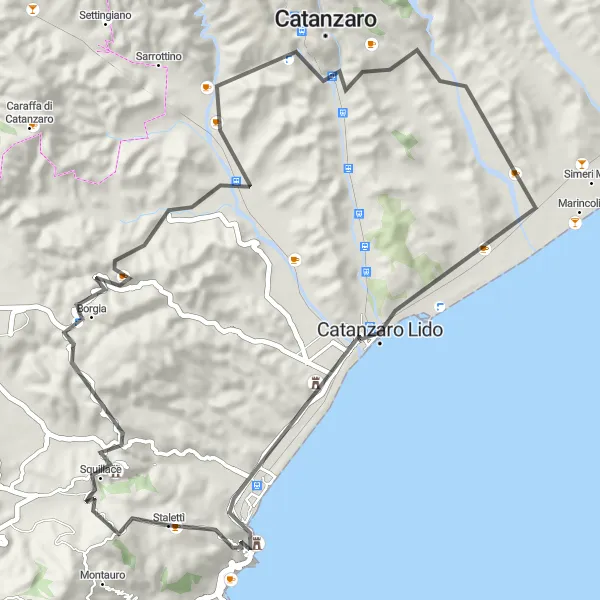 Map miniature of "Coastal Adventure" cycling inspiration in Calabria, Italy. Generated by Tarmacs.app cycling route planner