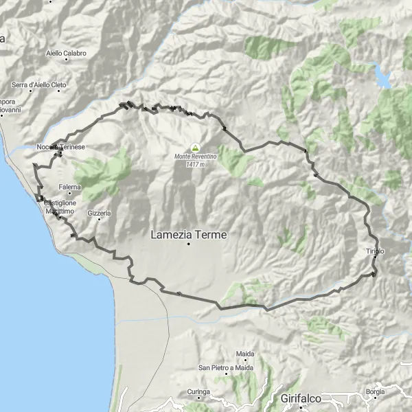 Miniatura della mappa di ispirazione al ciclismo "Giro in bicicletta da Tiriolo" nella regione di Calabria, Italy. Generata da Tarmacs.app, pianificatore di rotte ciclistiche