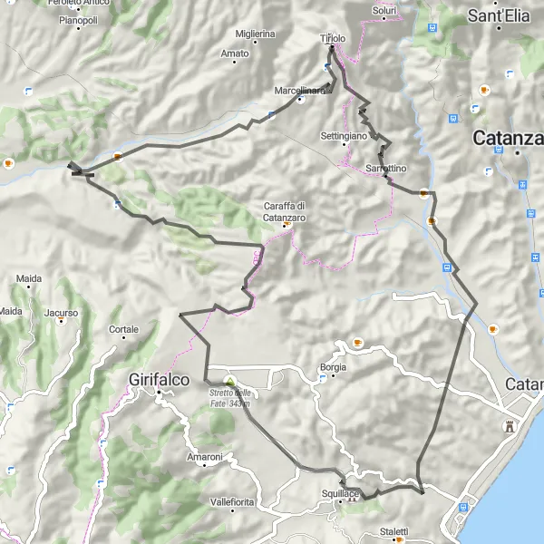 Miniatura della mappa di ispirazione al ciclismo "Giro in Bici su Strada di Tiriolo e Monte Tiriolo" nella regione di Calabria, Italy. Generata da Tarmacs.app, pianificatore di rotte ciclistiche