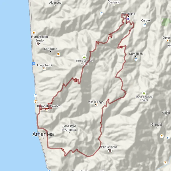 Miniatura della mappa di ispirazione al ciclismo "Percorso gravel tra Amantea e Monte Cocuzzo" nella regione di Calabria, Italy. Generata da Tarmacs.app, pianificatore di rotte ciclistiche