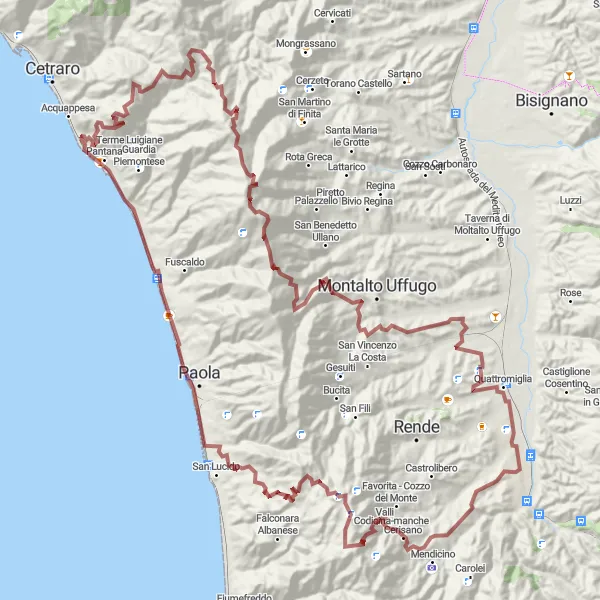 Miniatura della mappa di ispirazione al ciclismo "Giro in Gravel da Tivolille Pasquali-Merenzata" nella regione di Calabria, Italy. Generata da Tarmacs.app, pianificatore di rotte ciclistiche