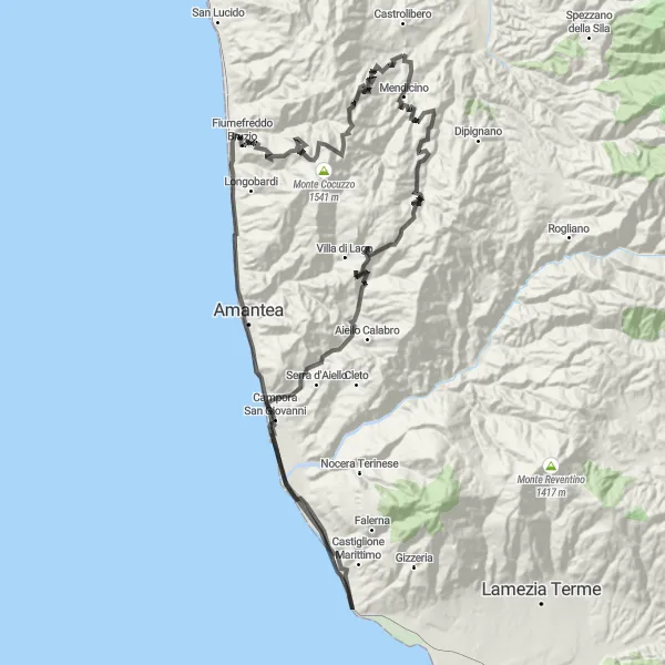 Miniatura della mappa di ispirazione al ciclismo "Tour su Strada tra Domanico e Castello di Malaugello" nella regione di Calabria, Italy. Generata da Tarmacs.app, pianificatore di rotte ciclistiche