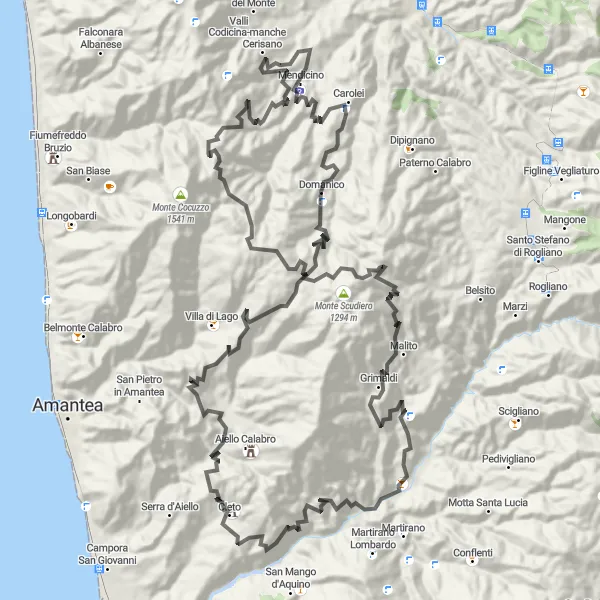 Map miniature of "Mountain Challenge of Altilia" cycling inspiration in Calabria, Italy. Generated by Tarmacs.app cycling route planner