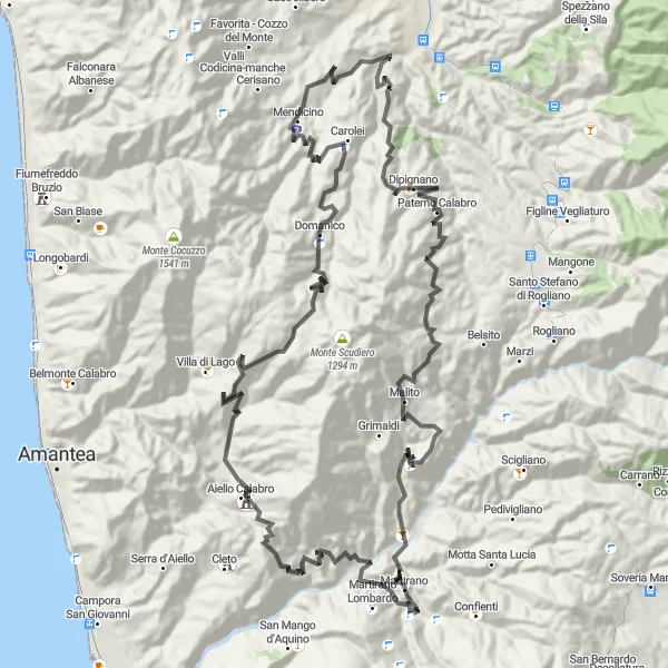 Miniatura della mappa di ispirazione al ciclismo "Giro in bici attraverso Altilia e la Valle del Savuto" nella regione di Calabria, Italy. Generata da Tarmacs.app, pianificatore di rotte ciclistiche