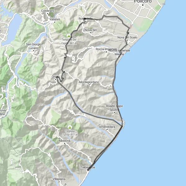 Map miniature of "Trebisacce Loop: Castles and Coastal Views" cycling inspiration in Calabria, Italy. Generated by Tarmacs.app cycling route planner