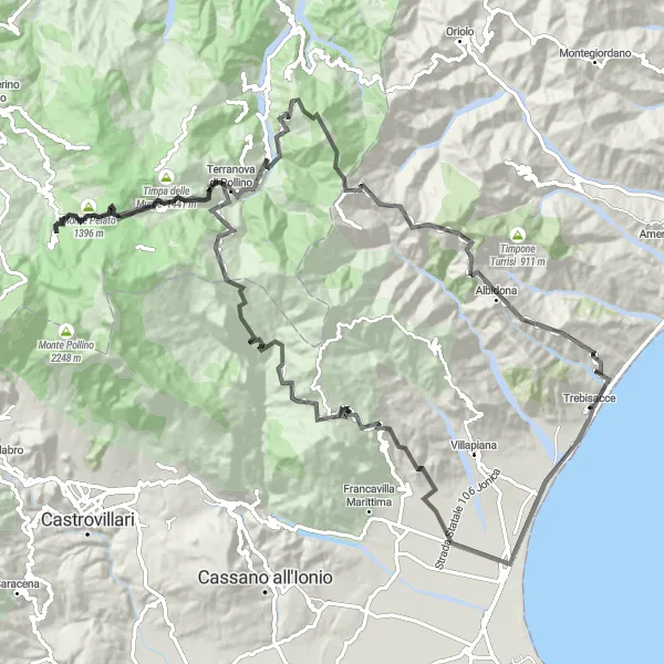 Map miniature of "The Scenic Tour of Calabria" cycling inspiration in Calabria, Italy. Generated by Tarmacs.app cycling route planner