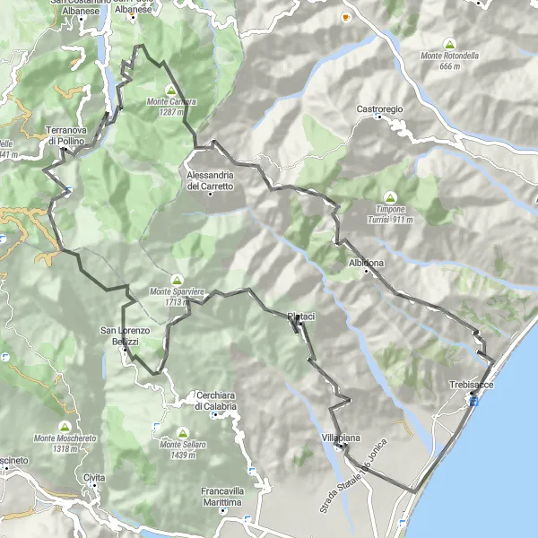 Map miniature of "Calabrian Mountain Explorer" cycling inspiration in Calabria, Italy. Generated by Tarmacs.app cycling route planner