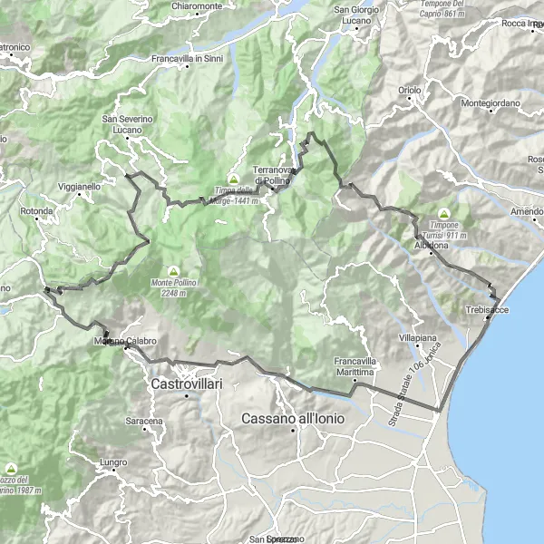 Map miniature of "Venturing into Calabria's Mountains" cycling inspiration in Calabria, Italy. Generated by Tarmacs.app cycling route planner