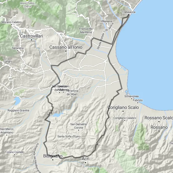 Map miniature of "Venturing through Calabria's Valleys" cycling inspiration in Calabria, Italy. Generated by Tarmacs.app cycling route planner