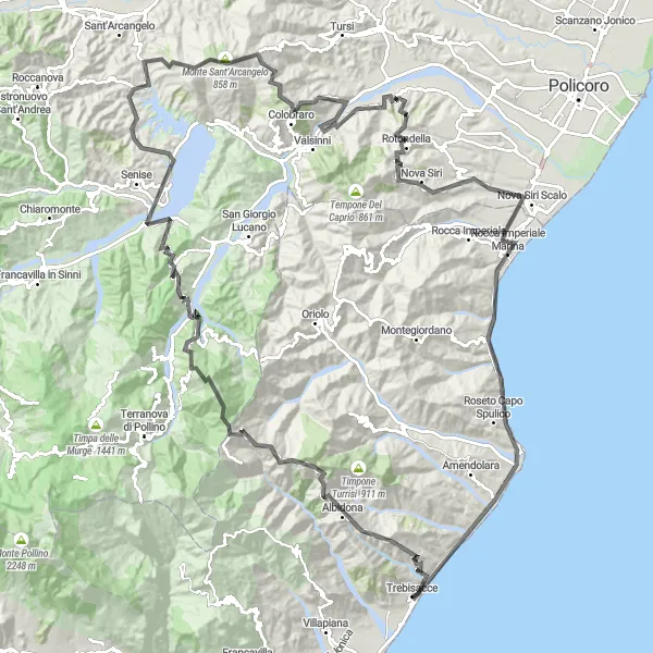 Map miniature of "Calabrian Coastal Tour" cycling inspiration in Calabria, Italy. Generated by Tarmacs.app cycling route planner