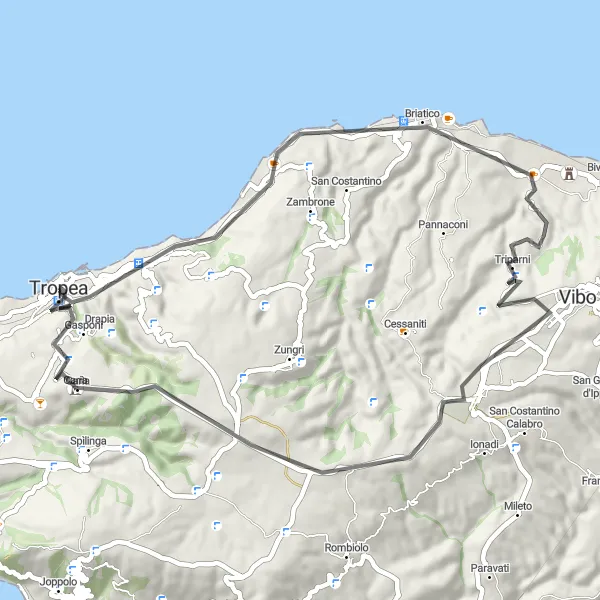 Map miniature of "Around Tropea: Coastal Ride" cycling inspiration in Calabria, Italy. Generated by Tarmacs.app cycling route planner