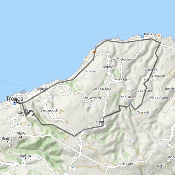 Miniatura della mappa di ispirazione al ciclismo "Breve giro in bicicletta tra le meraviglie della costa calabrese" nella regione di Calabria, Italy. Generata da Tarmacs.app, pianificatore di rotte ciclistiche