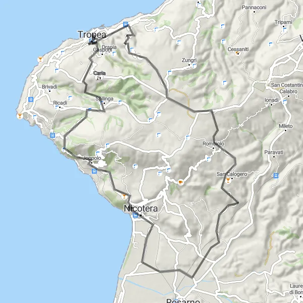 Miniatura della mappa di ispirazione al ciclismo "Giro panoramico intorno a Tropea" nella regione di Calabria, Italy. Generata da Tarmacs.app, pianificatore di rotte ciclistiche