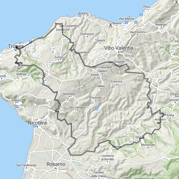 Map miniature of "Challenging Hill Climbs: San Gregorio d'Ippona Loop" cycling inspiration in Calabria, Italy. Generated by Tarmacs.app cycling route planner