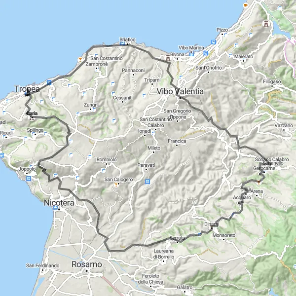 Miniatura della mappa di ispirazione al ciclismo "Tra borghi e natura: Briatico-Tropea" nella regione di Calabria, Italy. Generata da Tarmacs.app, pianificatore di rotte ciclistiche