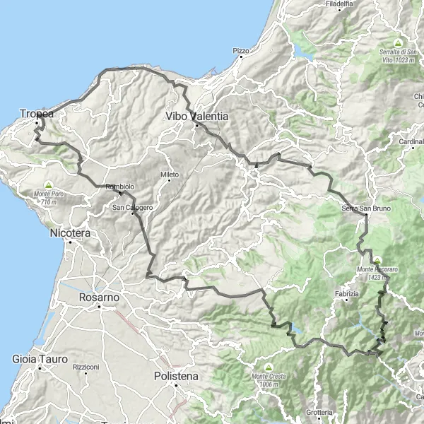 Map miniature of "Tropea to Belvedere delle Sirene" cycling inspiration in Calabria, Italy. Generated by Tarmacs.app cycling route planner