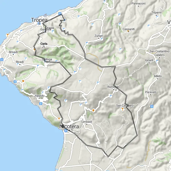 Miniatura della mappa di ispirazione al ciclismo "Alla scoperta delle bellezze di Tropea e dintorni" nella regione di Calabria, Italy. Generata da Tarmacs.app, pianificatore di rotte ciclistiche