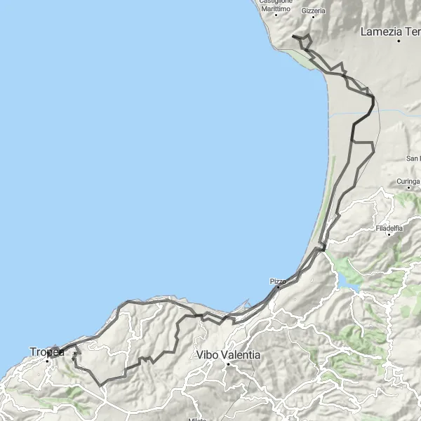 Miniatura della mappa di ispirazione al ciclismo "Avventura ciclistica tra mare e montagna in Calabria" nella regione di Calabria, Italy. Generata da Tarmacs.app, pianificatore di rotte ciclistiche