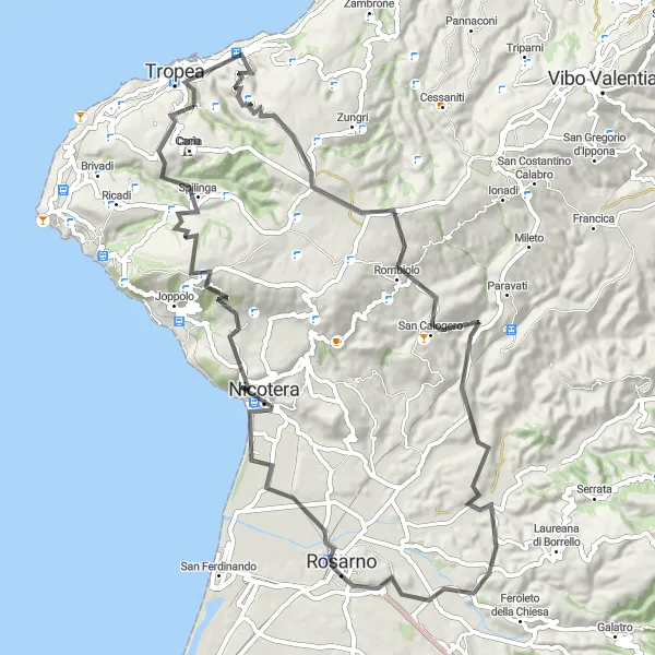 Miniatura della mappa di ispirazione al ciclismo "Tra colline e montagne: Tropea-Rosarno" nella regione di Calabria, Italy. Generata da Tarmacs.app, pianificatore di rotte ciclistiche