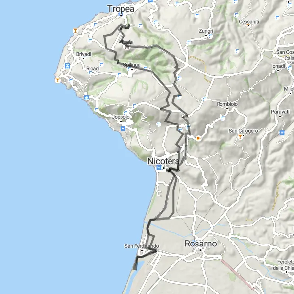 Miniatura della mappa di ispirazione al ciclismo "Avventura in bicicletta tra Drapia e Nicotera" nella regione di Calabria, Italy. Generata da Tarmacs.app, pianificatore di rotte ciclistiche