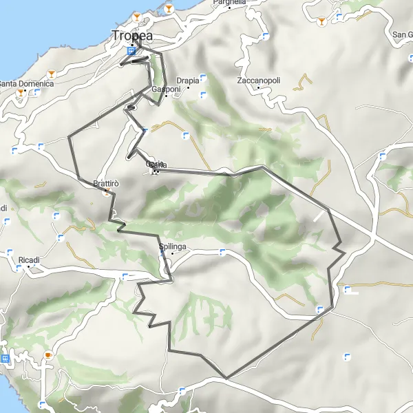 Miniatura della mappa di ispirazione al ciclismo "Breve giro in bicicletta intorno a Tropea" nella regione di Calabria, Italy. Generata da Tarmacs.app, pianificatore di rotte ciclistiche