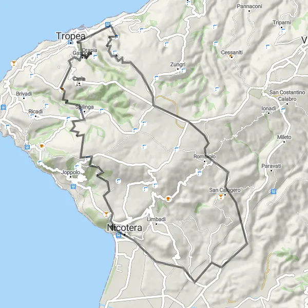 Map miniature of "Tropea Epic Road Ride" cycling inspiration in Calabria, Italy. Generated by Tarmacs.app cycling route planner