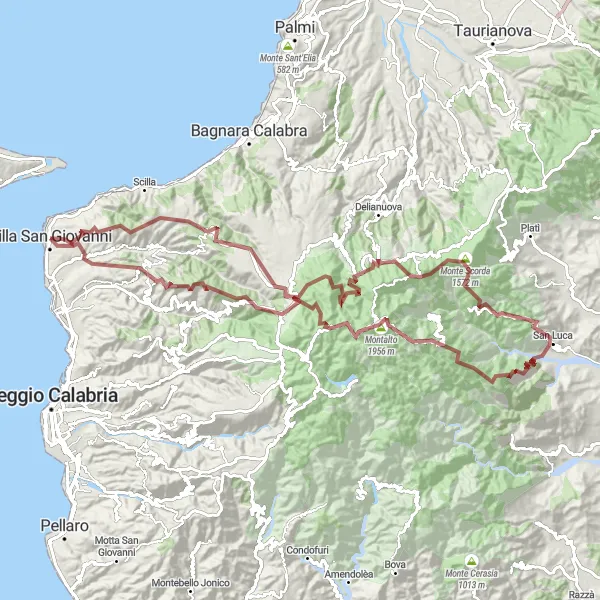 Map miniature of "Gravel Adventure to Gambarie and Villa San Giovanni" cycling inspiration in Calabria, Italy. Generated by Tarmacs.app cycling route planner
