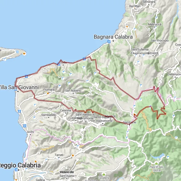 Map miniature of "Gravel Adventures in the Mountainous Hinterland" cycling inspiration in Calabria, Italy. Generated by Tarmacs.app cycling route planner