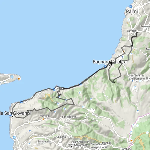 Miniatura della mappa di ispirazione al ciclismo "La Costa Viola e lo Stretto di Messina" nella regione di Calabria, Italy. Generata da Tarmacs.app, pianificatore di rotte ciclistiche