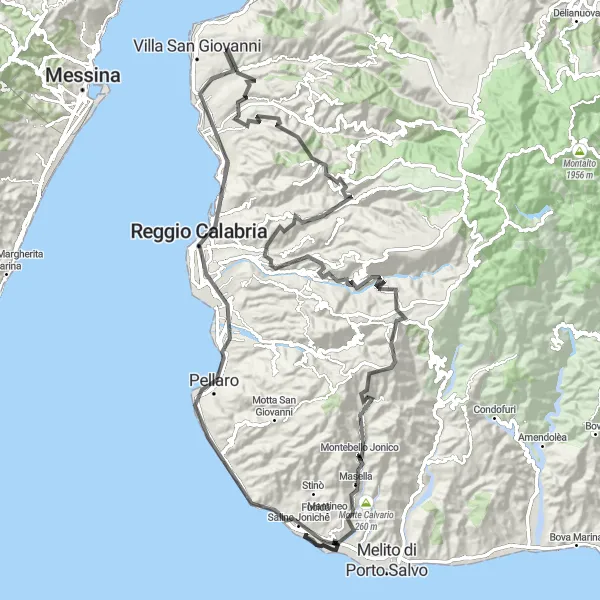 Miniatura della mappa di ispirazione al ciclismo "Giro in bici panoramico da Villa San Giovanni" nella regione di Calabria, Italy. Generata da Tarmacs.app, pianificatore di rotte ciclistiche