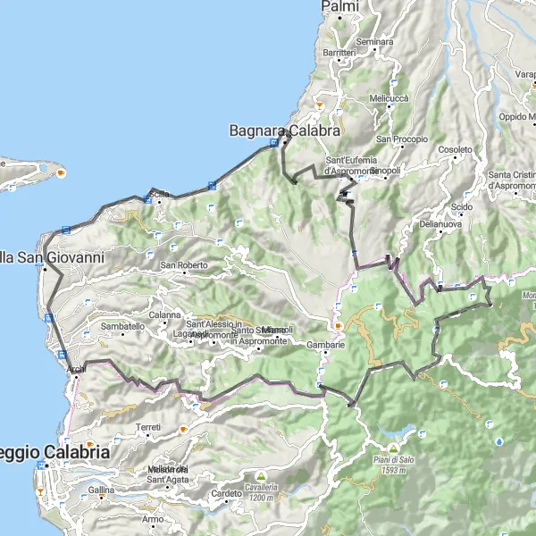 Map miniature of "Serene Coastline Ride" cycling inspiration in Calabria, Italy. Generated by Tarmacs.app cycling route planner