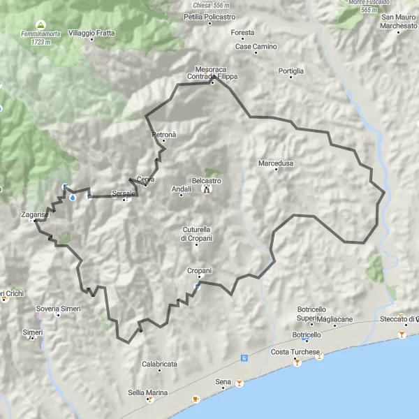 Miniatura della mappa di ispirazione al ciclismo "Giro in bici tra le colline calabresi" nella regione di Calabria, Italy. Generata da Tarmacs.app, pianificatore di rotte ciclistiche