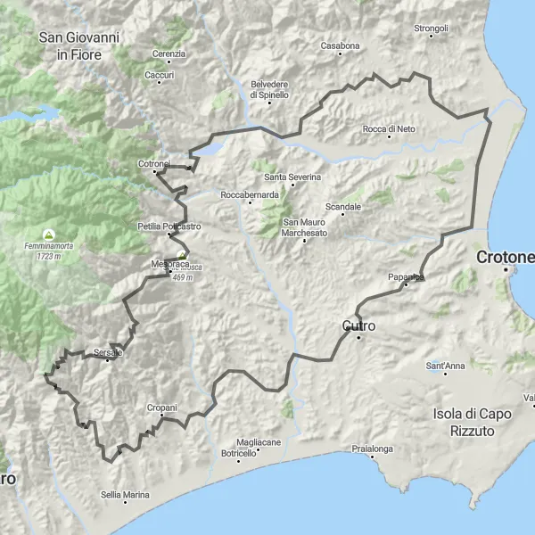 Miniatura della mappa di ispirazione al ciclismo "Giro in bicicletta da Zagarise" nella regione di Calabria, Italy. Generata da Tarmacs.app, pianificatore di rotte ciclistiche