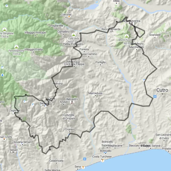 Miniatura della mappa di ispirazione al ciclismo "Tra natura e storia" nella regione di Calabria, Italy. Generata da Tarmacs.app, pianificatore di rotte ciclistiche