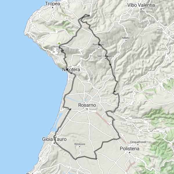 Miniatura della mappa di ispirazione al ciclismo "Esplorazione tra montagne e mare" nella regione di Calabria, Italy. Generata da Tarmacs.app, pianificatore di rotte ciclistiche